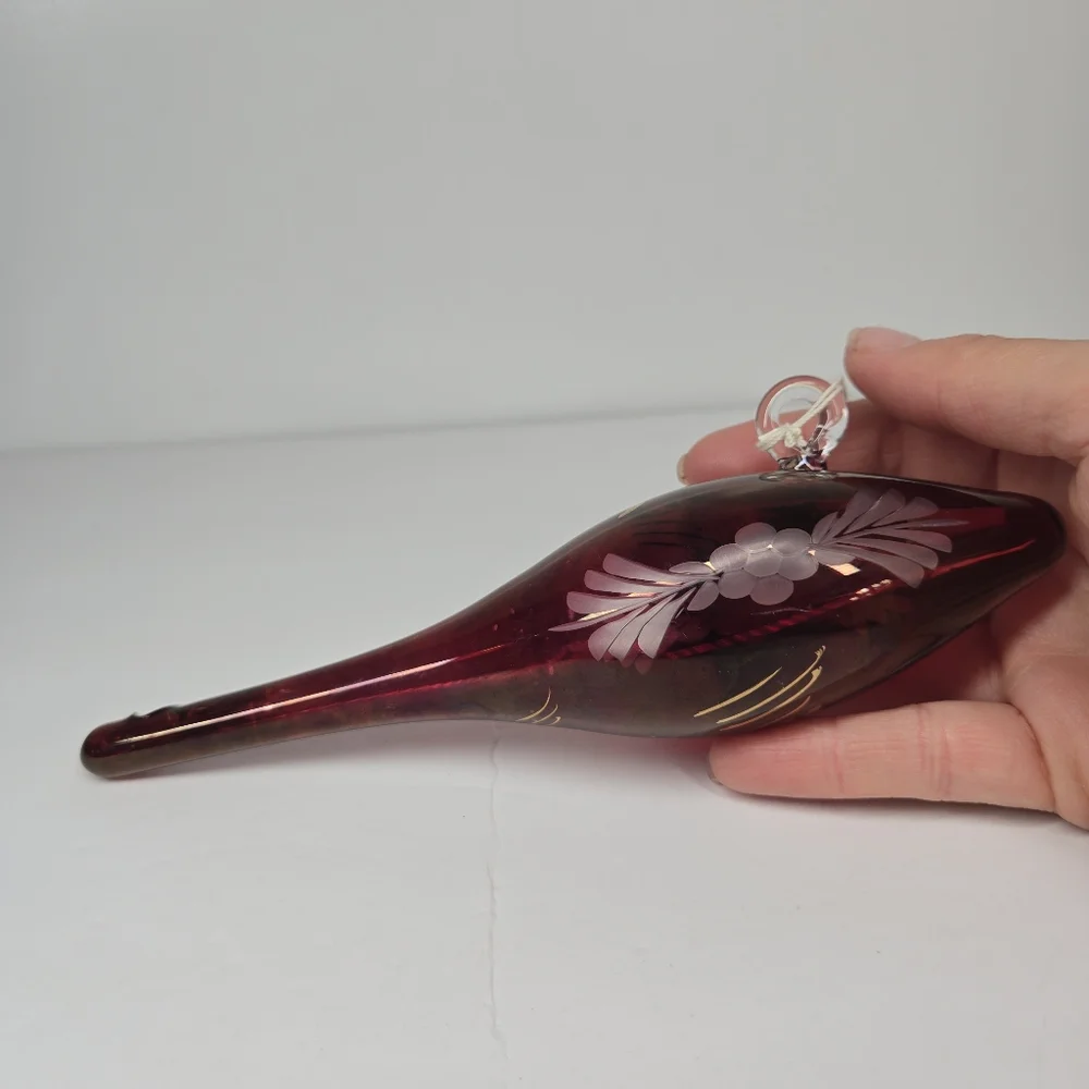 Vintage Egyptian Etched Glass‎ Icicle Teardrop Ornament 24k Trim German Pyrex